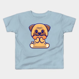 Cute Pug Dog Eating Hot Dog Cartoon Kids T-Shirt